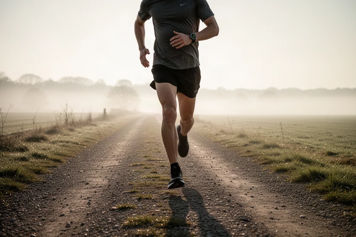 Un runner controlla un sottile orologio GPS al polso prima di una corsa mattutina