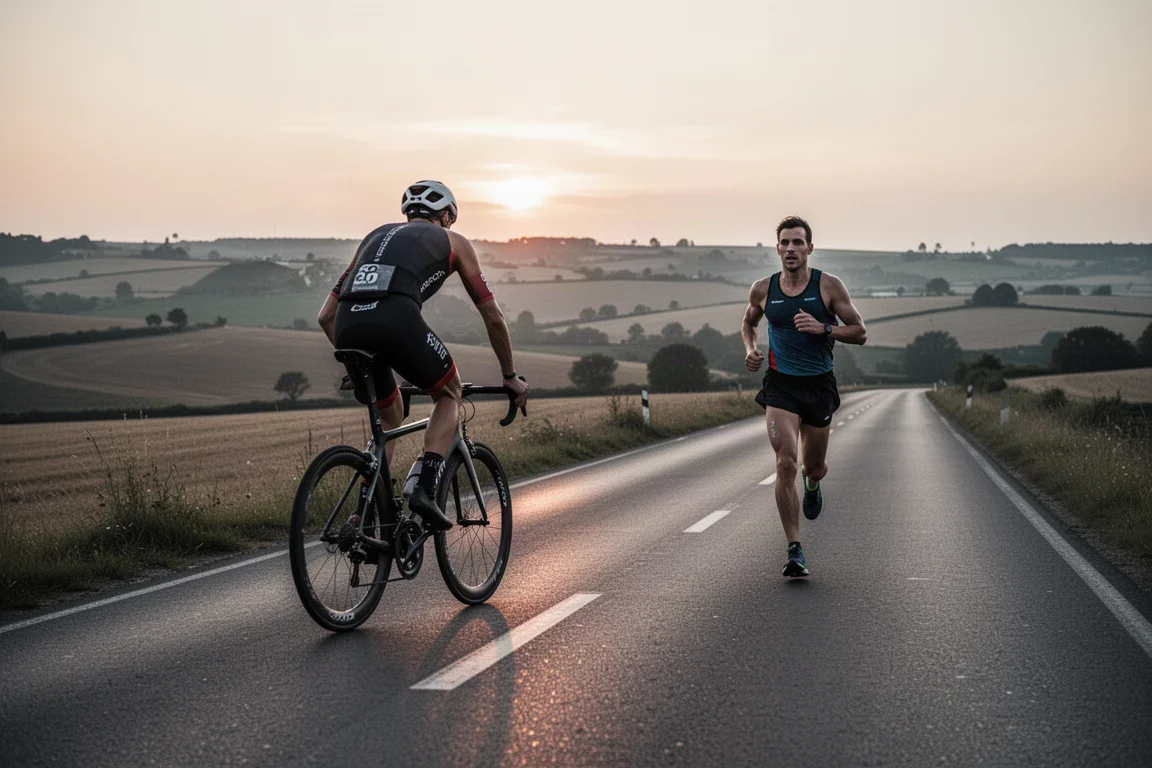 Trail runner controlla la navigazione sull'orologio al polso su un sentiero nel bosco