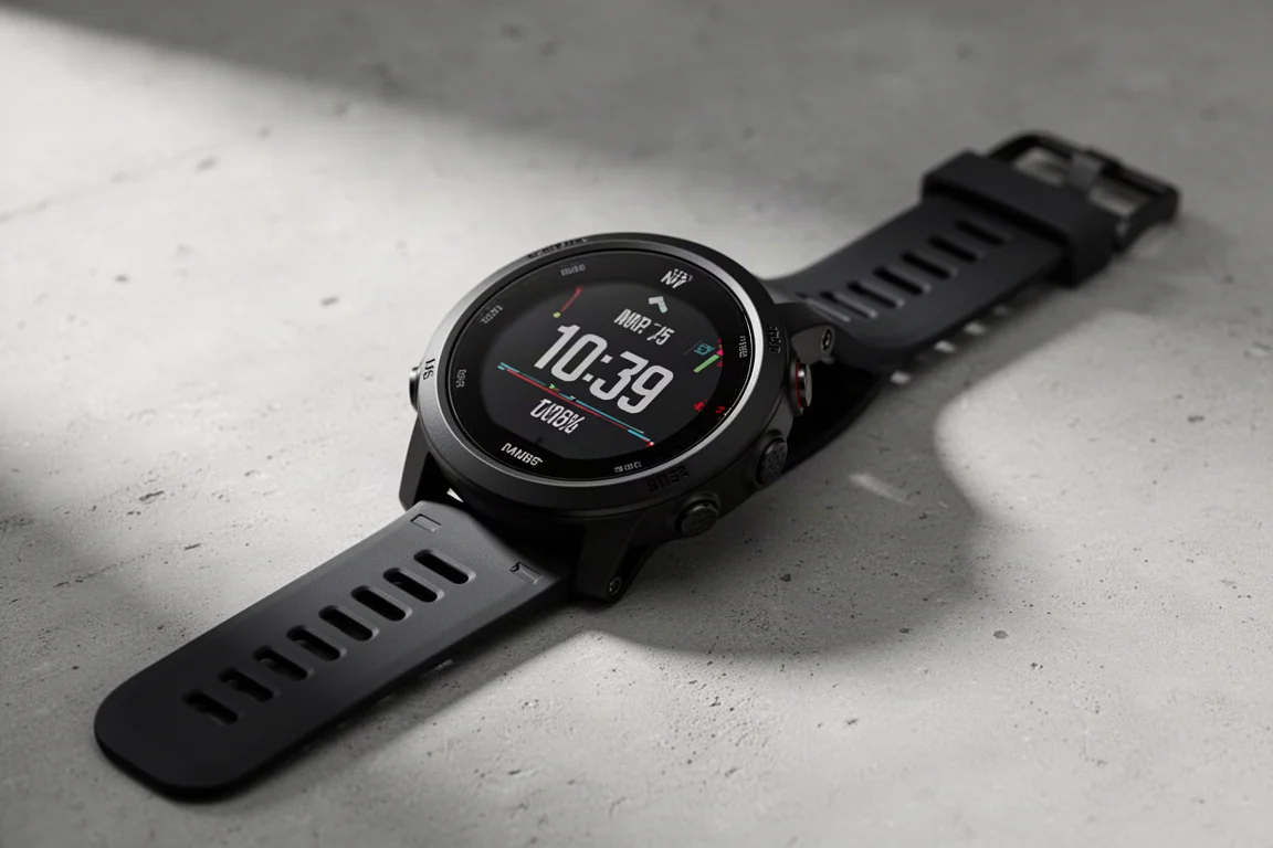 Black multisport GPS watch with buttons and silicone strap on a concrete surface