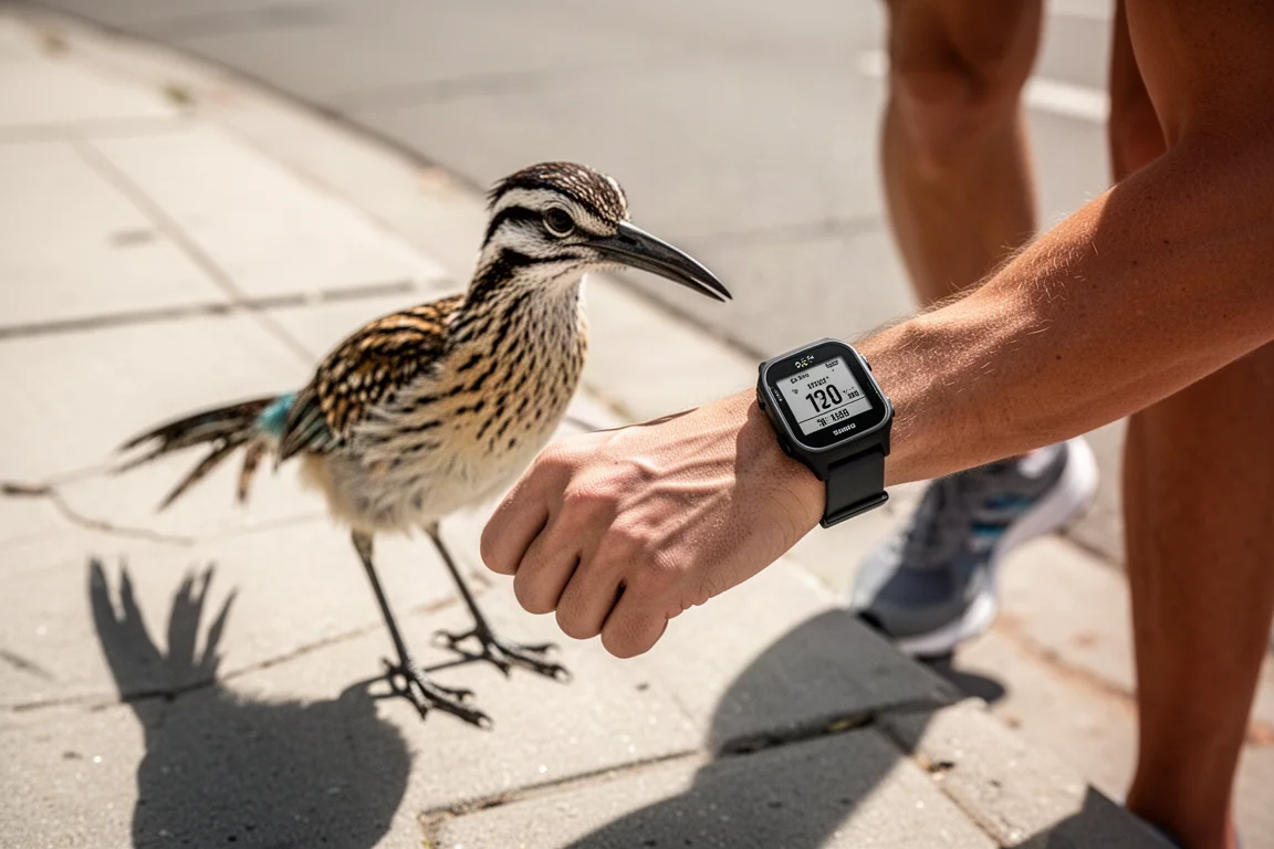 Un runner controlla un orologio GPS in una strada cittadina illuminata dal sole
