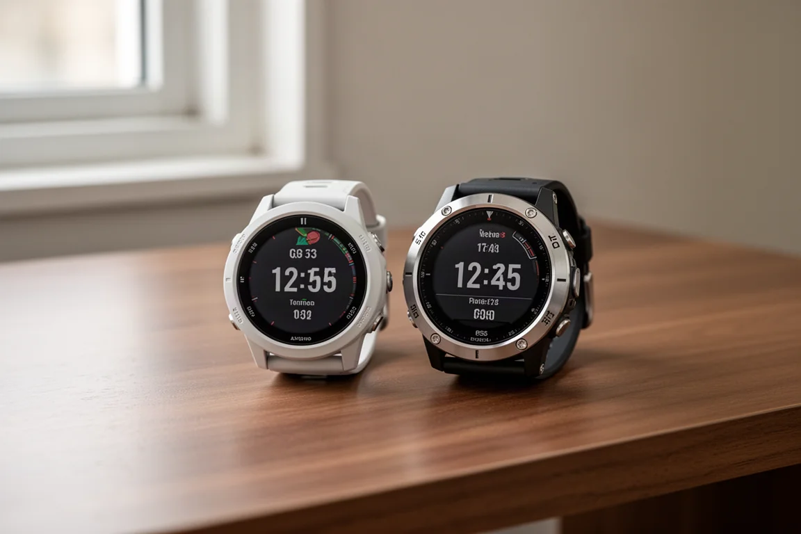 Due orologi GPS appoggiati fianco a fianco su una scrivania in legno