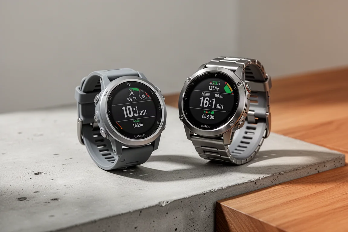 Two GPS running watches side by side on a matte concrete surface