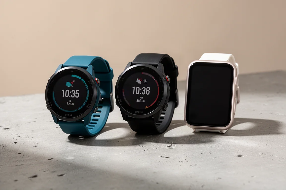 Three GPS running watches side by side on a concrete surface