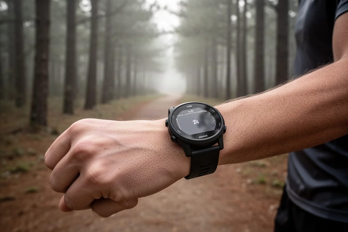 Läuferin prüft eine leichte GPS-Uhr am Handgelenk vor dem Lauf