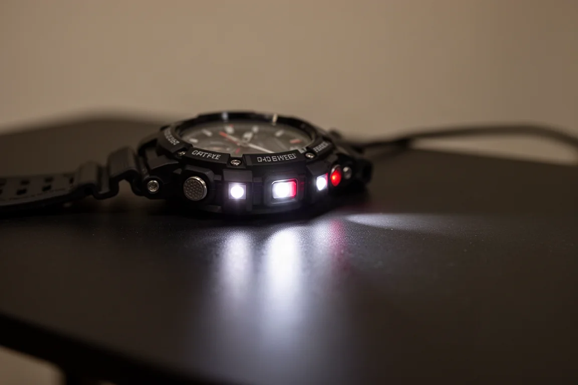 Close-up de uma lanterna LED de relógio esportivo projetando luz branca sobre uma superfície escura