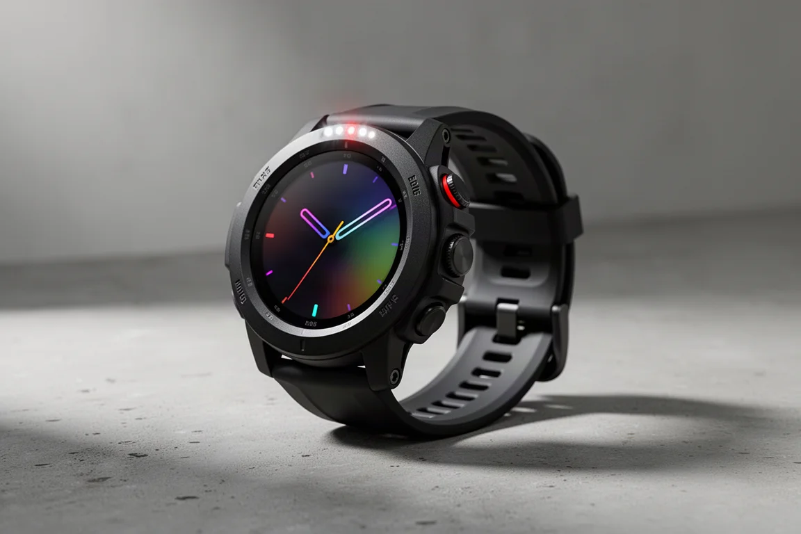 Robuste schwarze Polar Street X Sportuhr mit AMOLED-Display auf Betonoberfläche
