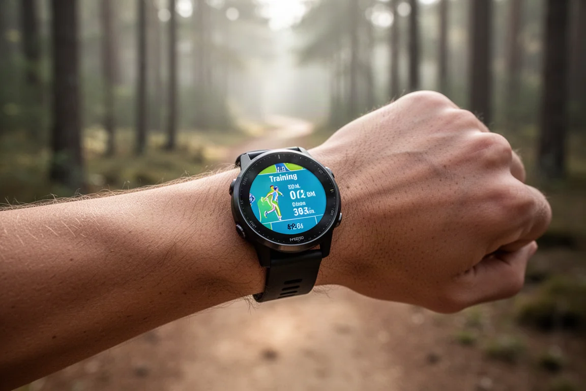 Läufer prüft ein helles AMOLED-Zifferblatt auf einem Waldweg