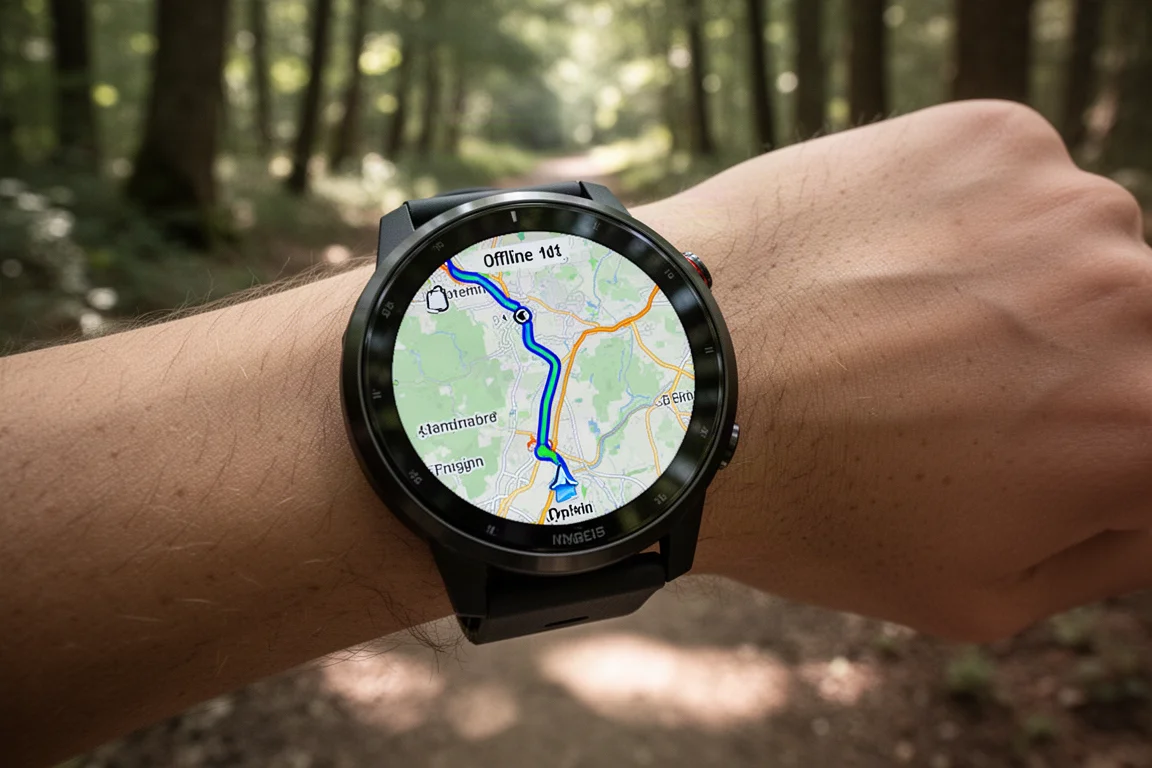 Farbige Offline-Karte mit sichtbarer Route auf einer Laufuhr während eines Trailruns