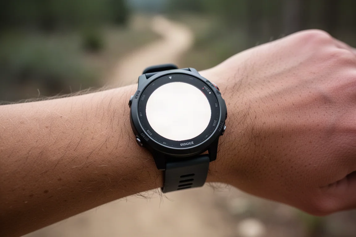 Multisport GPS watch on a wrist showing a bright watch face outdoors