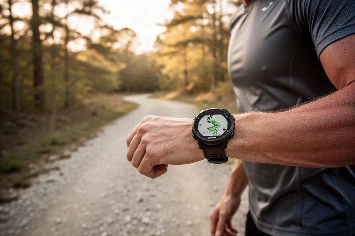 Runner checking a workout map on a GPS watch during a trail run