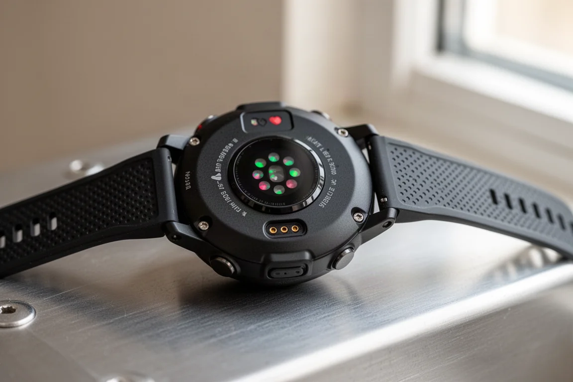 GPS watch back sensor and strap detail on a neutral surface
