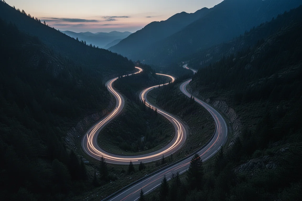 GPS trace of a twisting mountain road ride shown from above