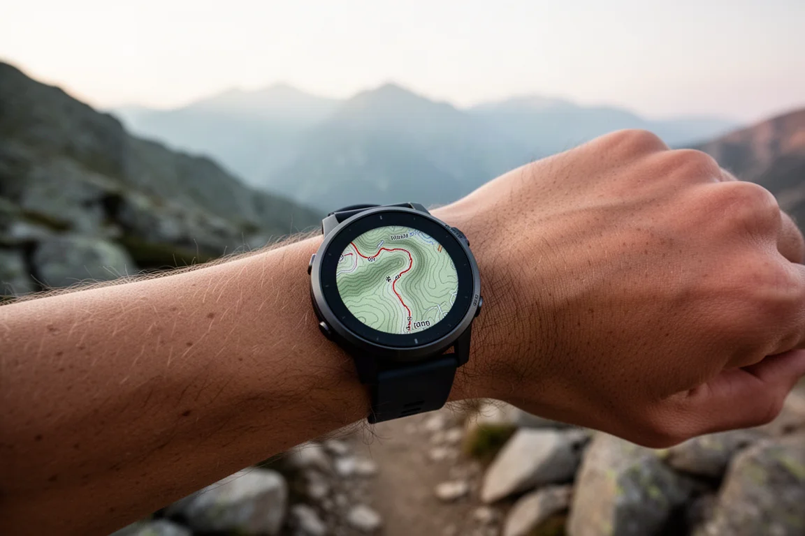 Athlete checking a route map on a sports watch while standing on a mountain trail