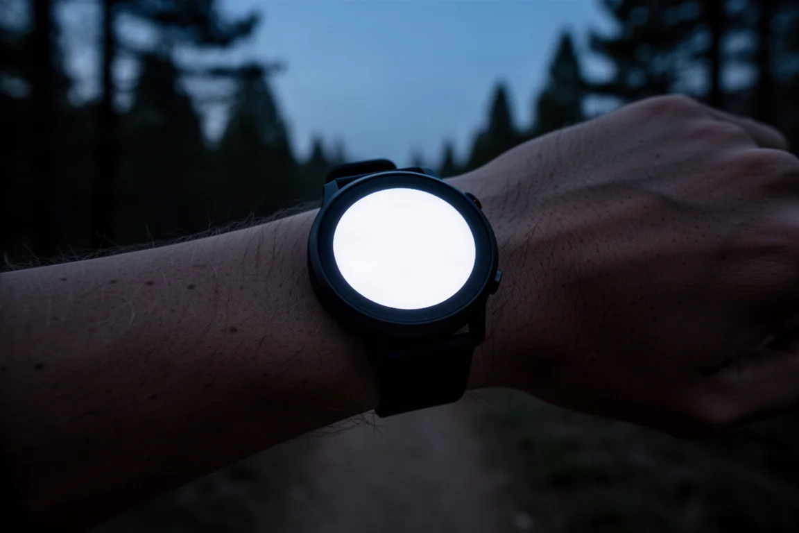 Sports watch screen glowing brightly in low evening light on a runner's wrist