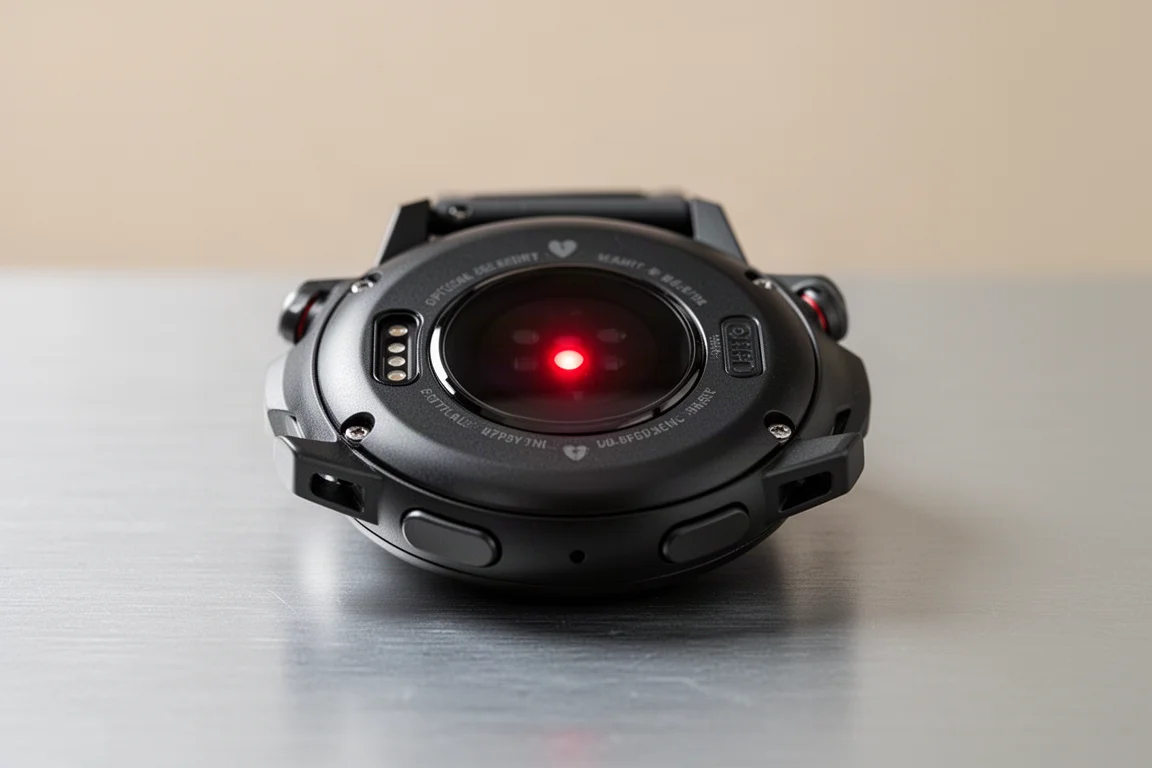 Close-up of a watch's optical heart rate sensor array on the underside of the case