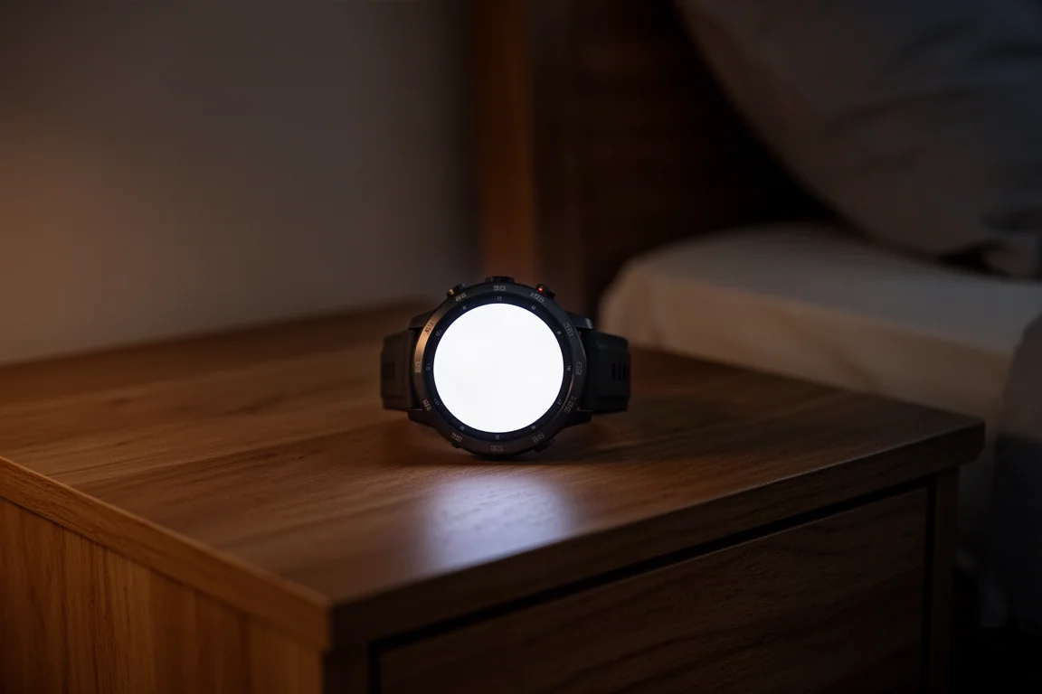 Sports watch on a bedside table in a dark bedroom with its screen acting as a soft light