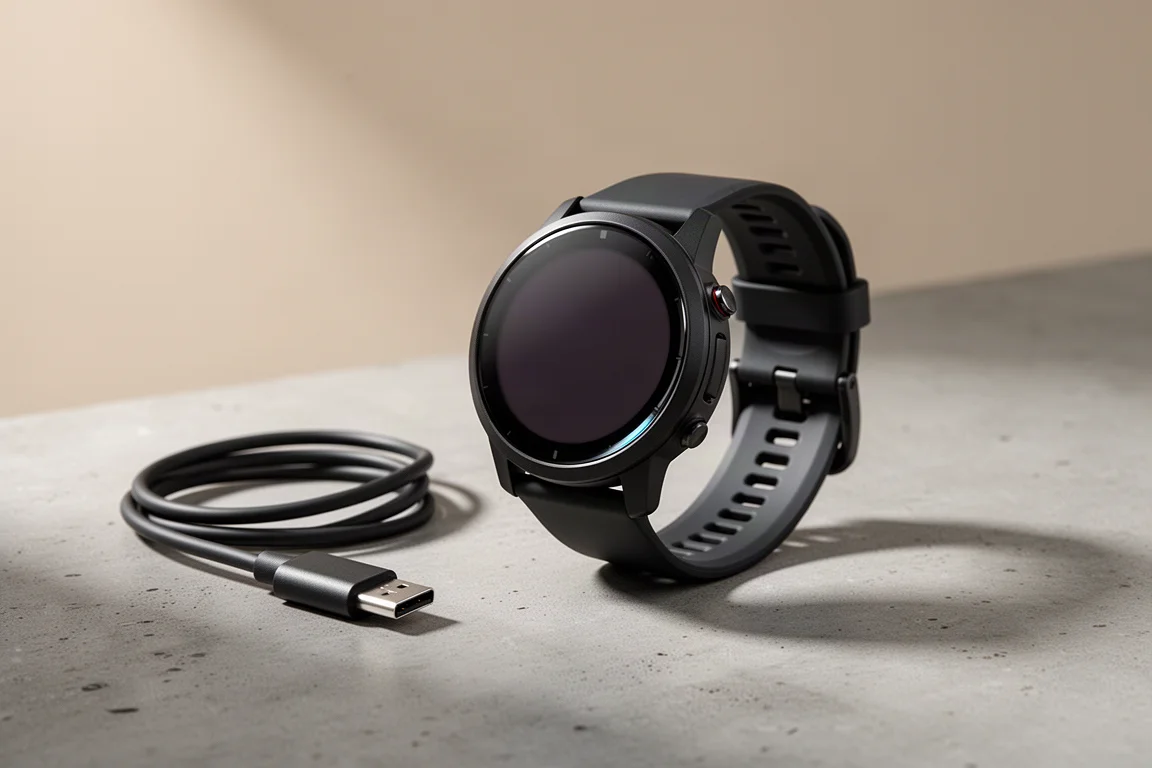 Polar Vantage V3 Multisport-GPS-Uhr mit rundem Display auf einer Betonoberfläche