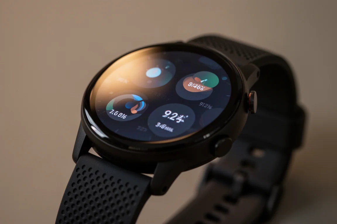 Close-up of a round sports watch face showing a customizable dashboard at night