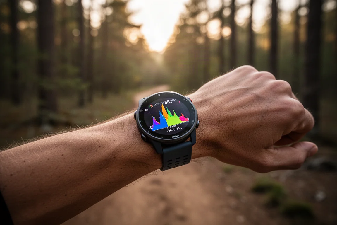 Runner checking a wrist-based workout summary on a sports watch after a trail run