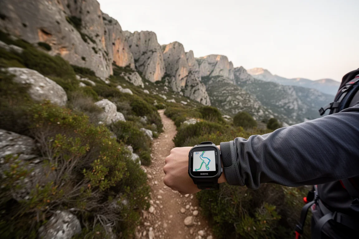 Hiker on an overgrown mountain trail checking a navigation watch