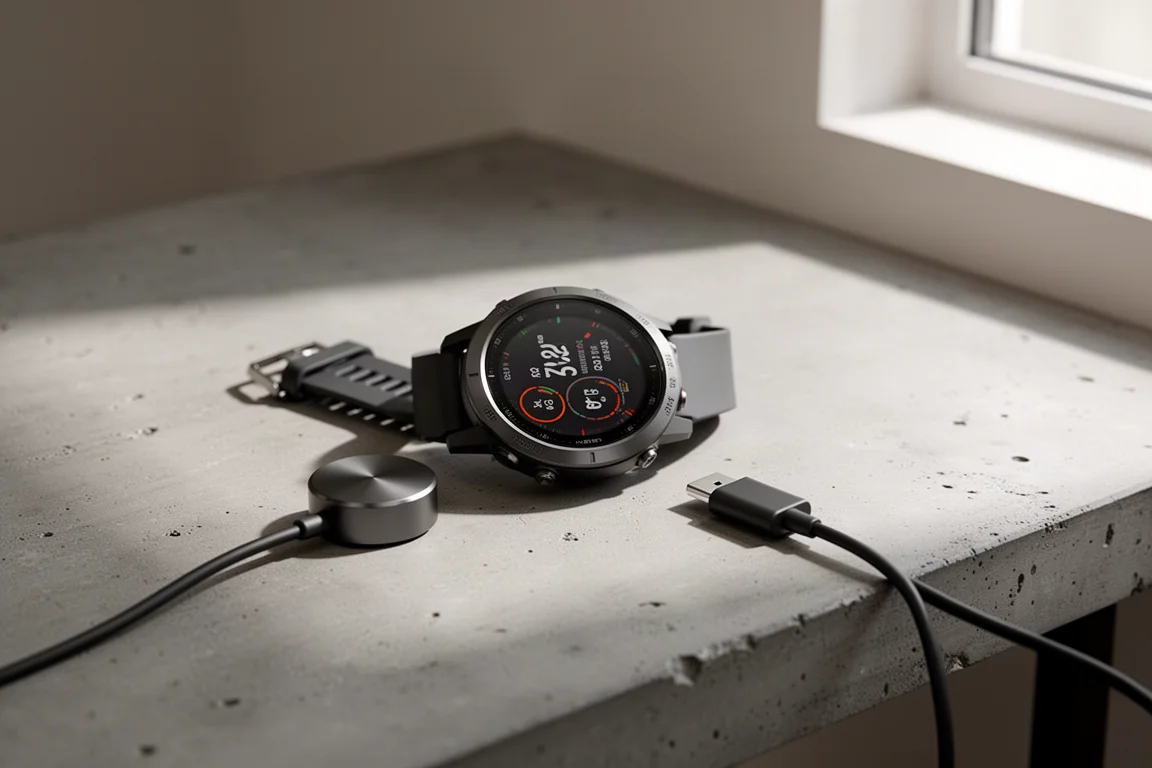 Multisport watch on a desk connected to a USB-C charging cable