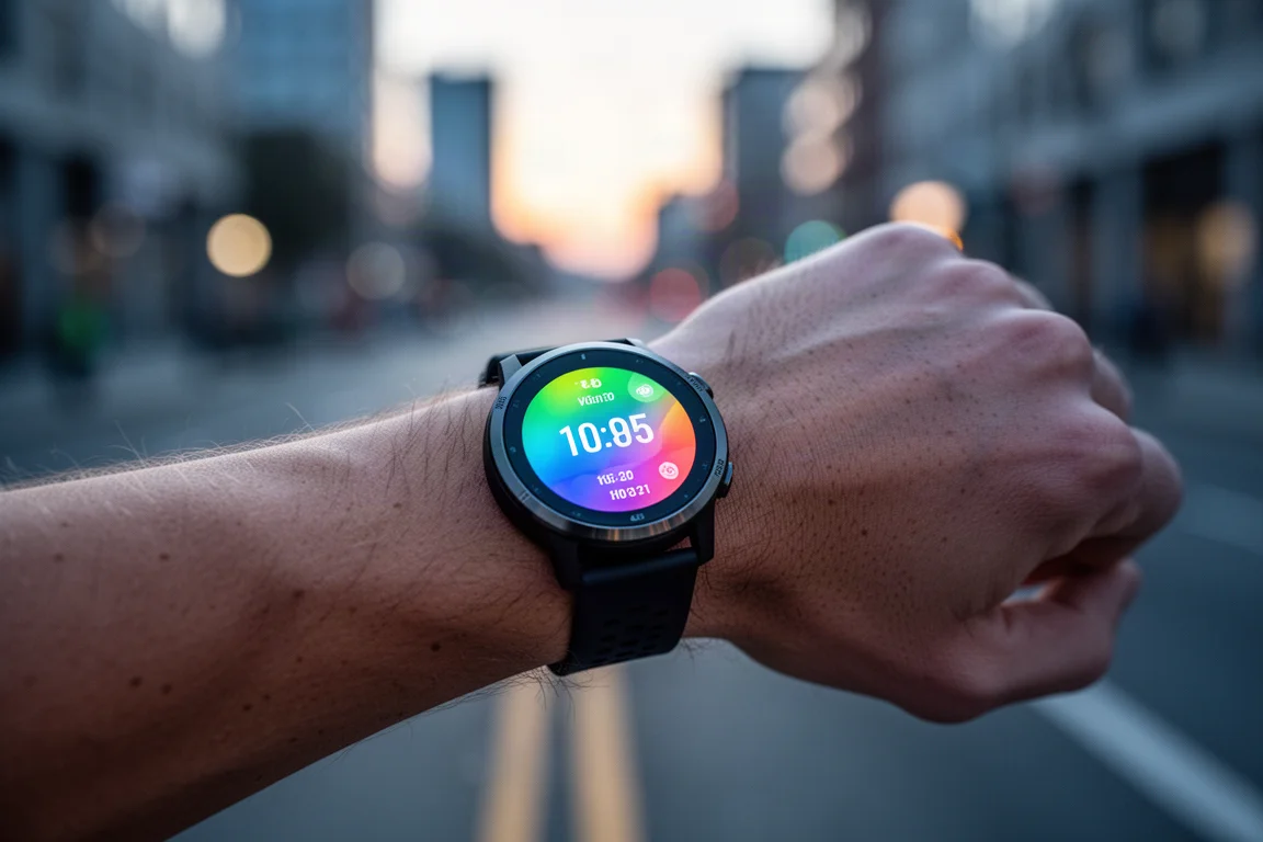 Hardloper die een heldere AMOLED-horlogeplaat controleert vóór een vroege ochtendrun