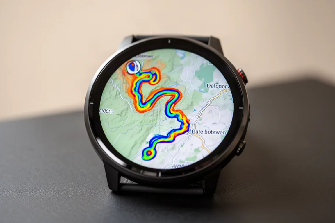 Close-up van een GPS-horlogetrack die wordt weergegeven op een kleurrijk kaartscherm