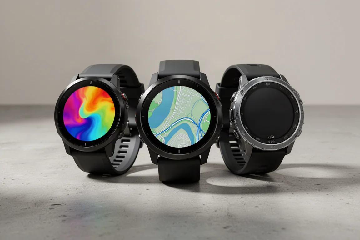 Three flagship running watches side by side on a concrete surface