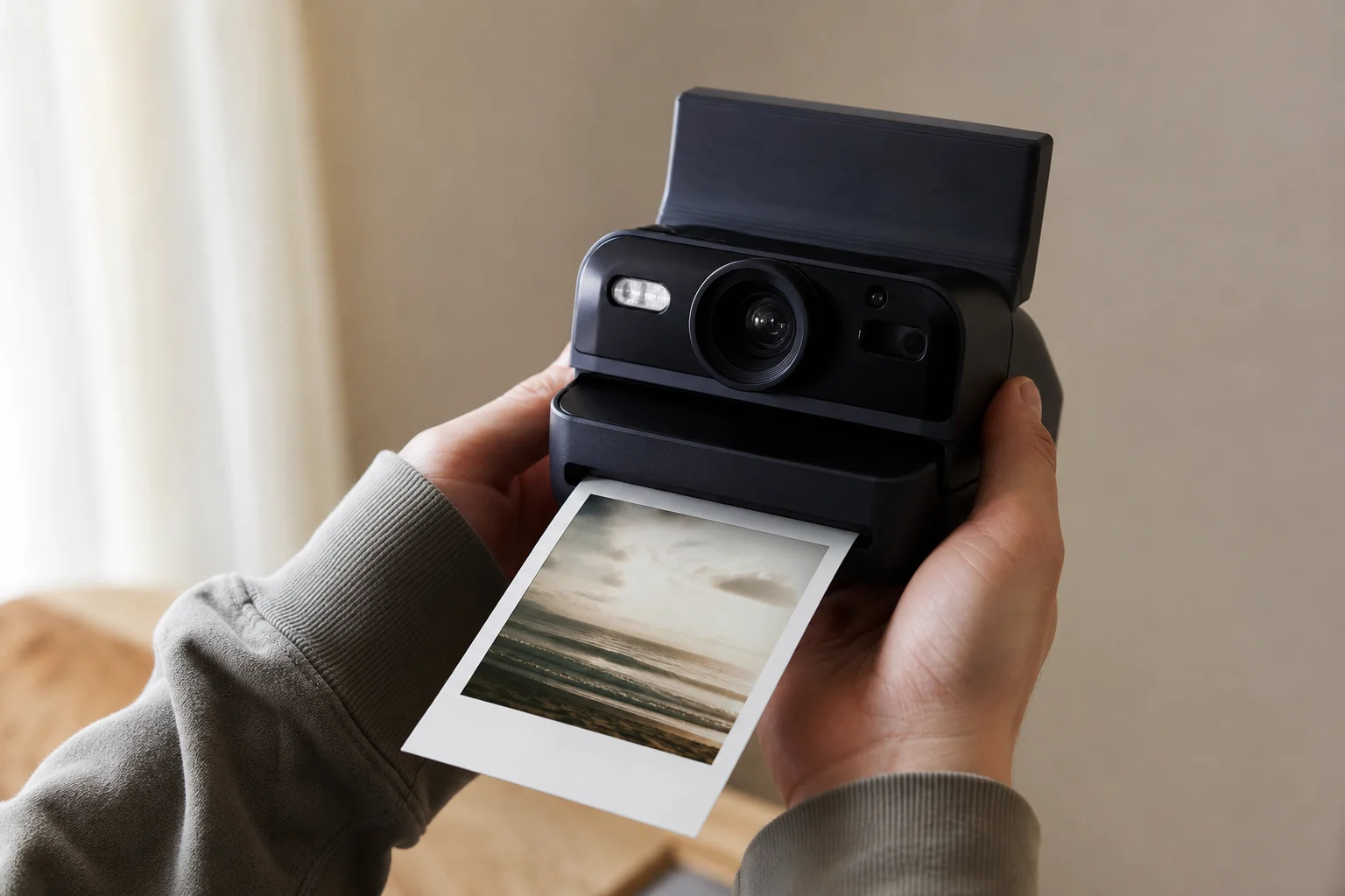 Hands holding Polaroid Flip camera with instant film ejecting from front