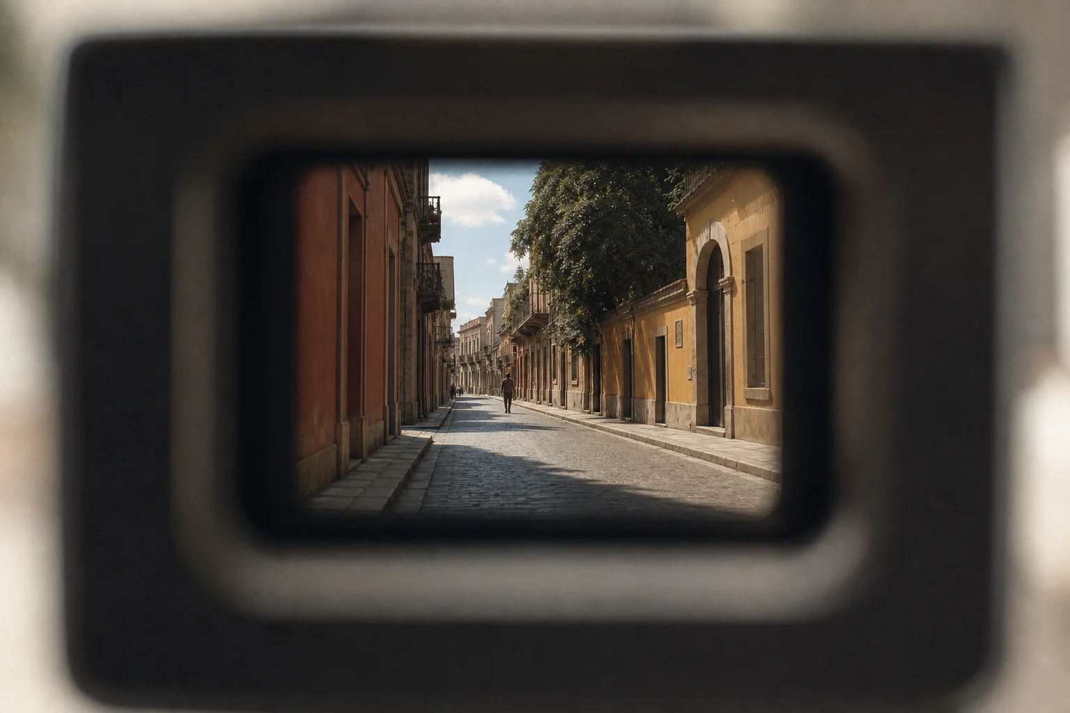 Optical viewfinder view through Polaroid Flip camera showing street scene