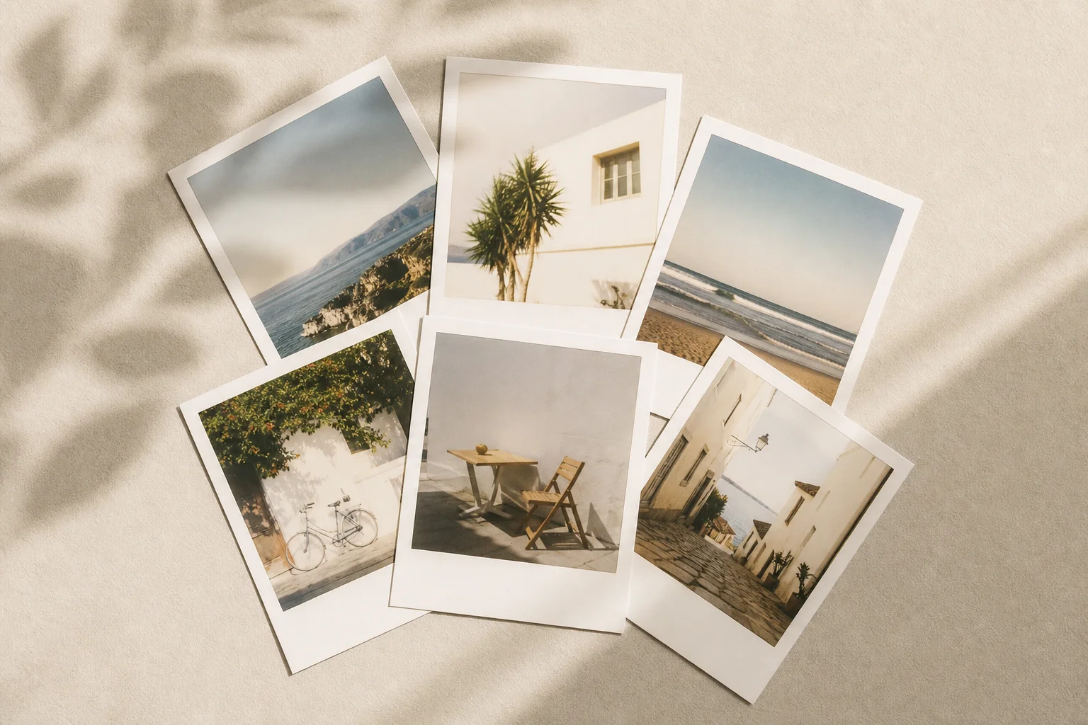 Collection of instant prints fanned out showing soft warm Polaroid aesthetic