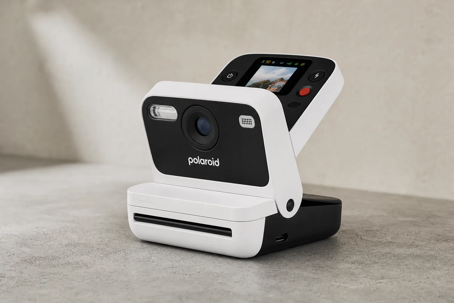 Polaroid Flip instant camera on matte concrete surface with USB-C port and LCD screen visible