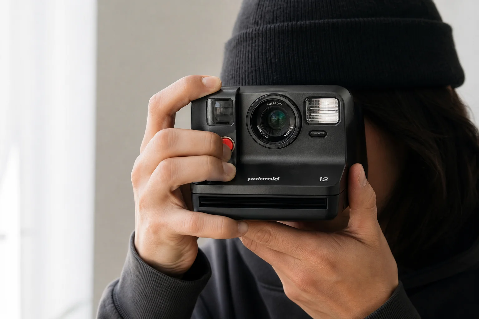 Photographer holding the Polaroid I2 camera at eye level, viewfinder composition visible