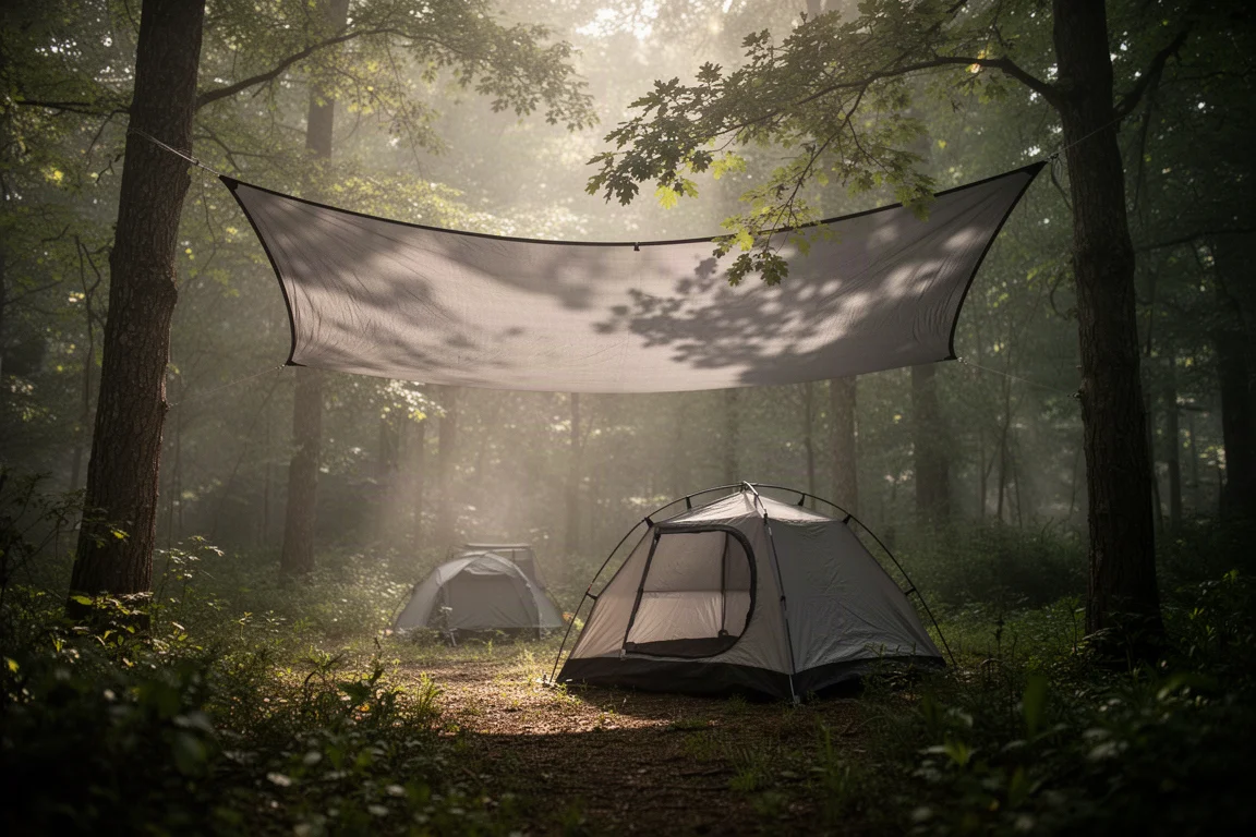 Zona de acampada boscosa con una tienda emergente montada bajo un gran toldo gris