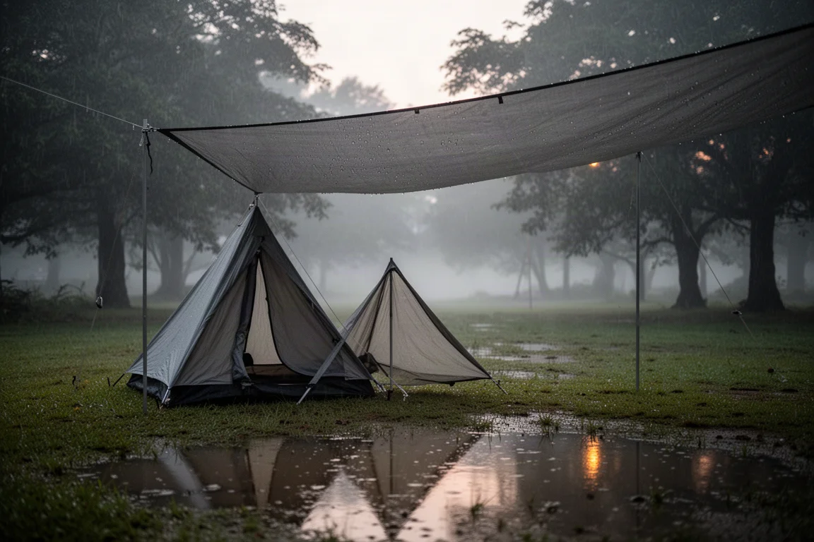 Zona de acampada al amanecer tras la lluvia con una tienda de perfil A mojada y árboles con niebla