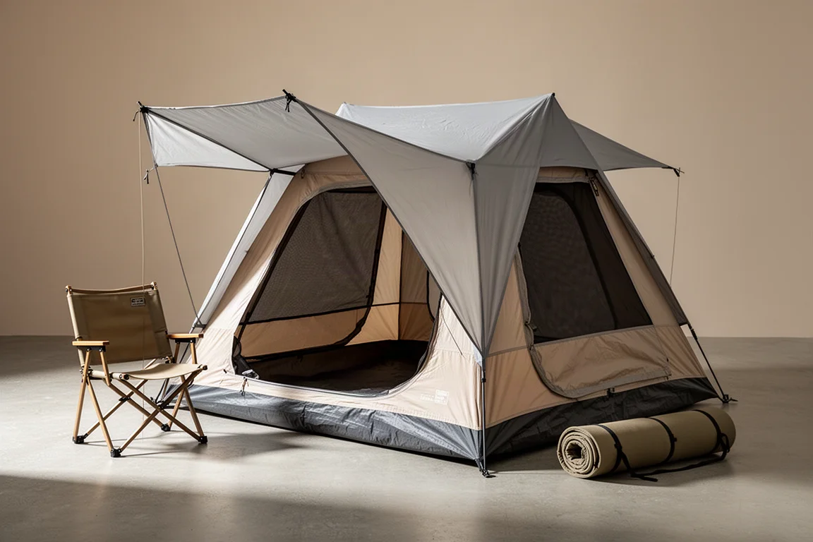 A-frame pop-up camping tent with mesh doors pitched on a concrete surface