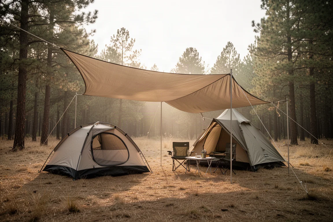 Campingplatz mit zwei Zelten unter einer großen gespannten Plane am Waldrand