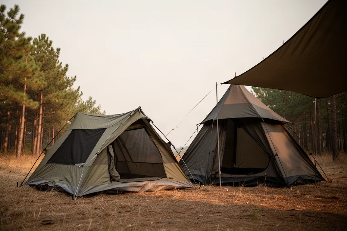 Two camping tents pitched side by side on dry grass at the edge of a pine forest