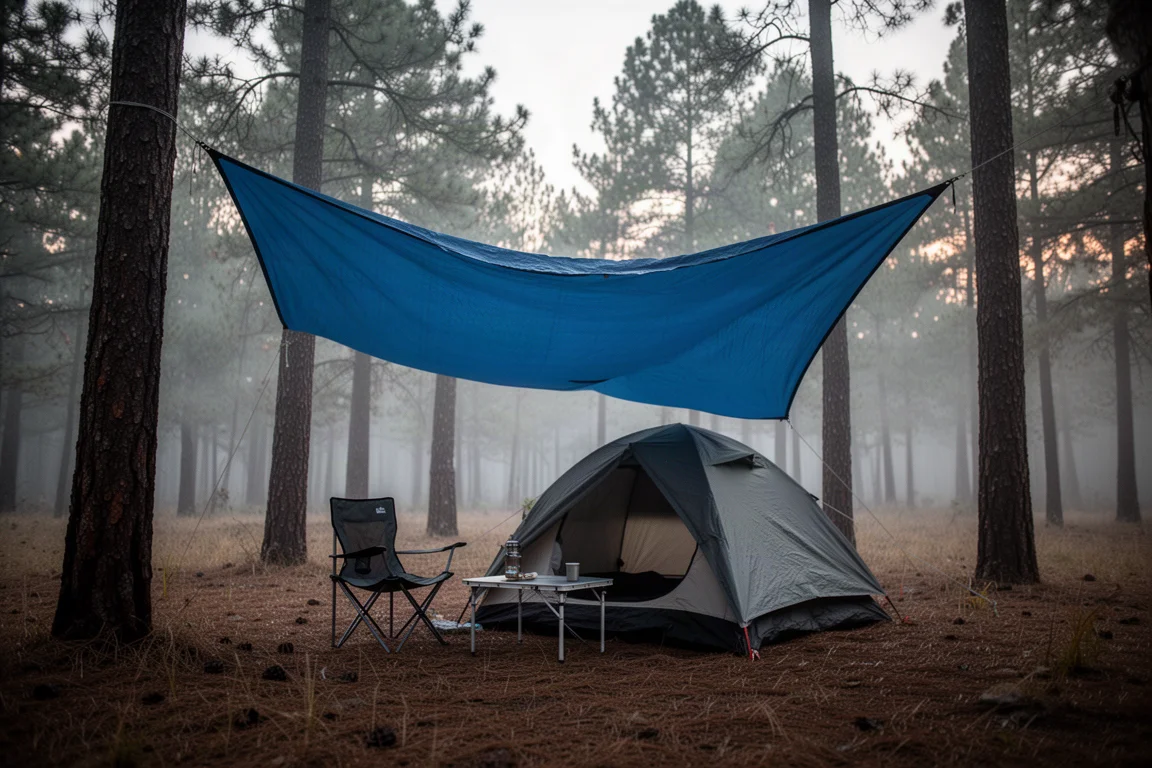Camping in een dennenbos in de schemering met een groot zeil boven een lage tent