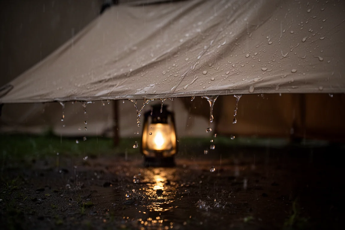 Regen parelt en loopt over een strak zeil bij nacht met warme lantaarngloed eronder