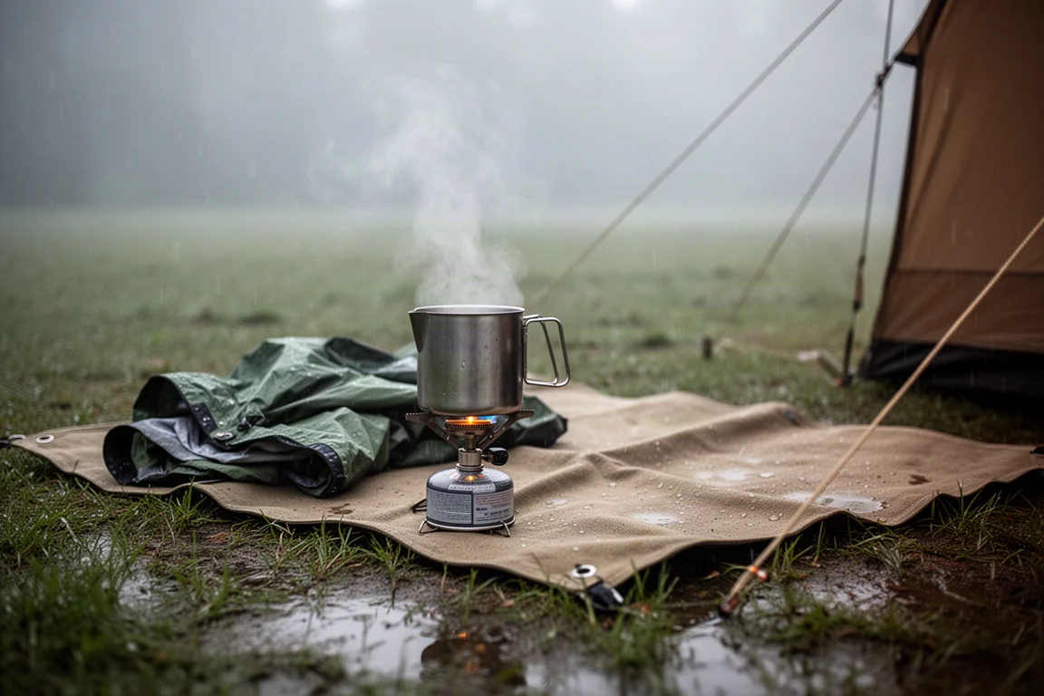Vochtige camping bij zonsopgang met een dampende koffiepot, opgevouwen regenjas en nat gras