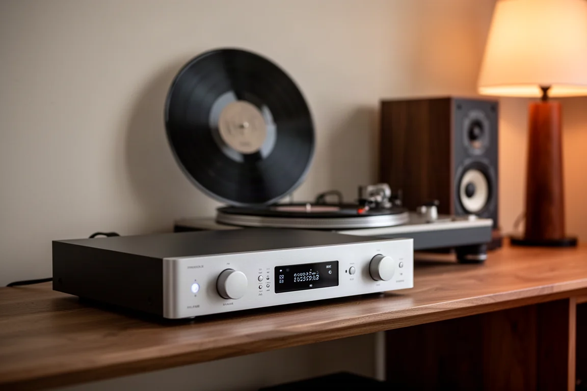 Amplificador integrado y tocadiscos con altavoces de estantería desenfocados suavemente detrás
