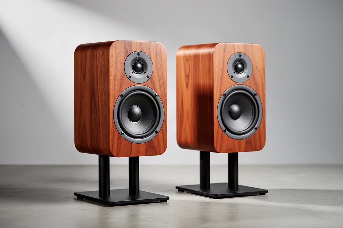 Pair of cherry wood stand-mount bookshelf speakers on stands against a neutral backdrop