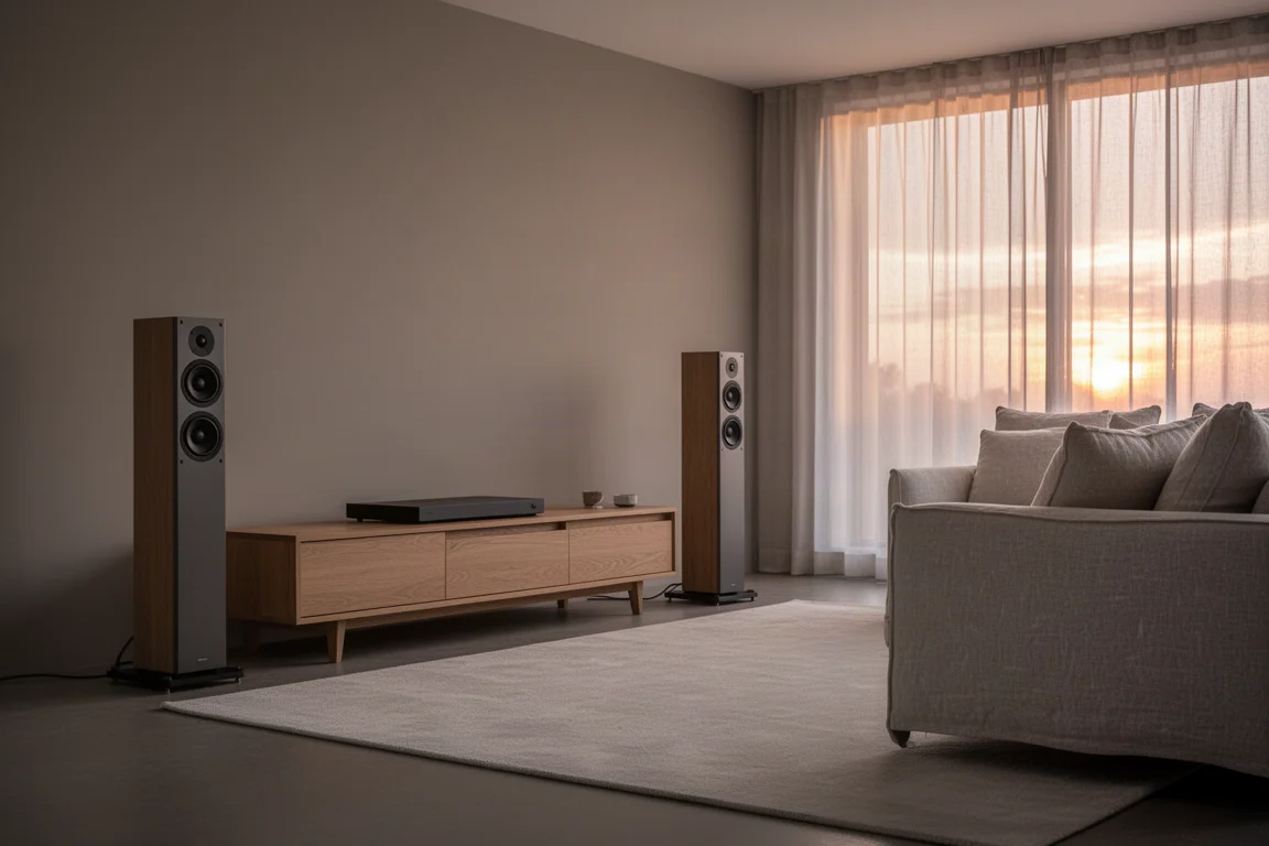 Moderne woonkamer in de schemering met slanke zuilluidsprekers aan weerszijden van een dressoir