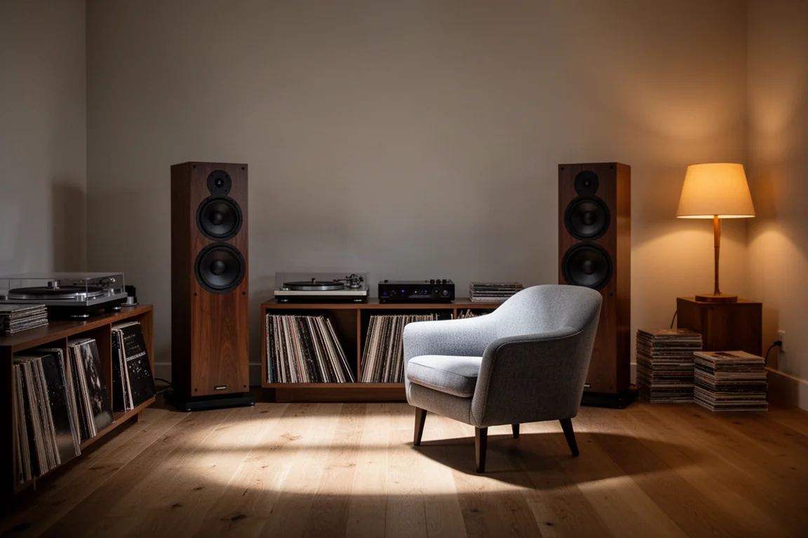 Sfeervol verlichte luisterruimte met een fauteuil tegenover twee hoge zuilluidsprekers en een platenspeler