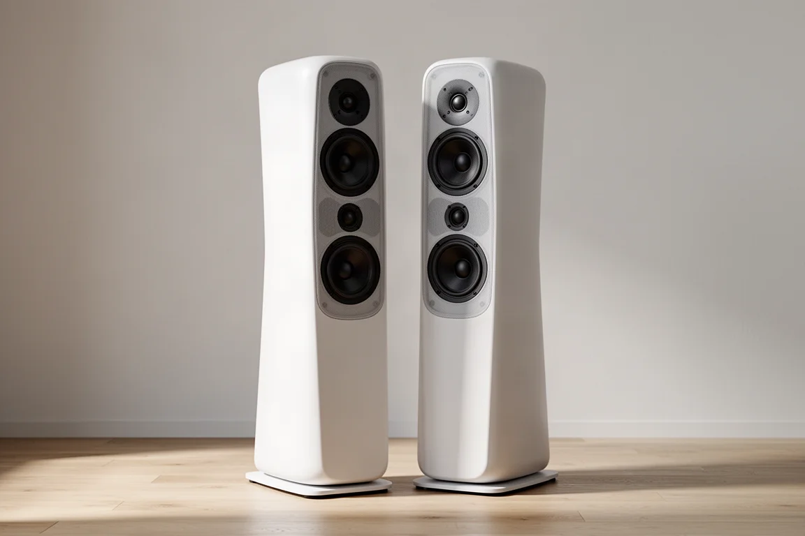 Pair of matte white three-way floorstanding tower speakers on a light oak floor