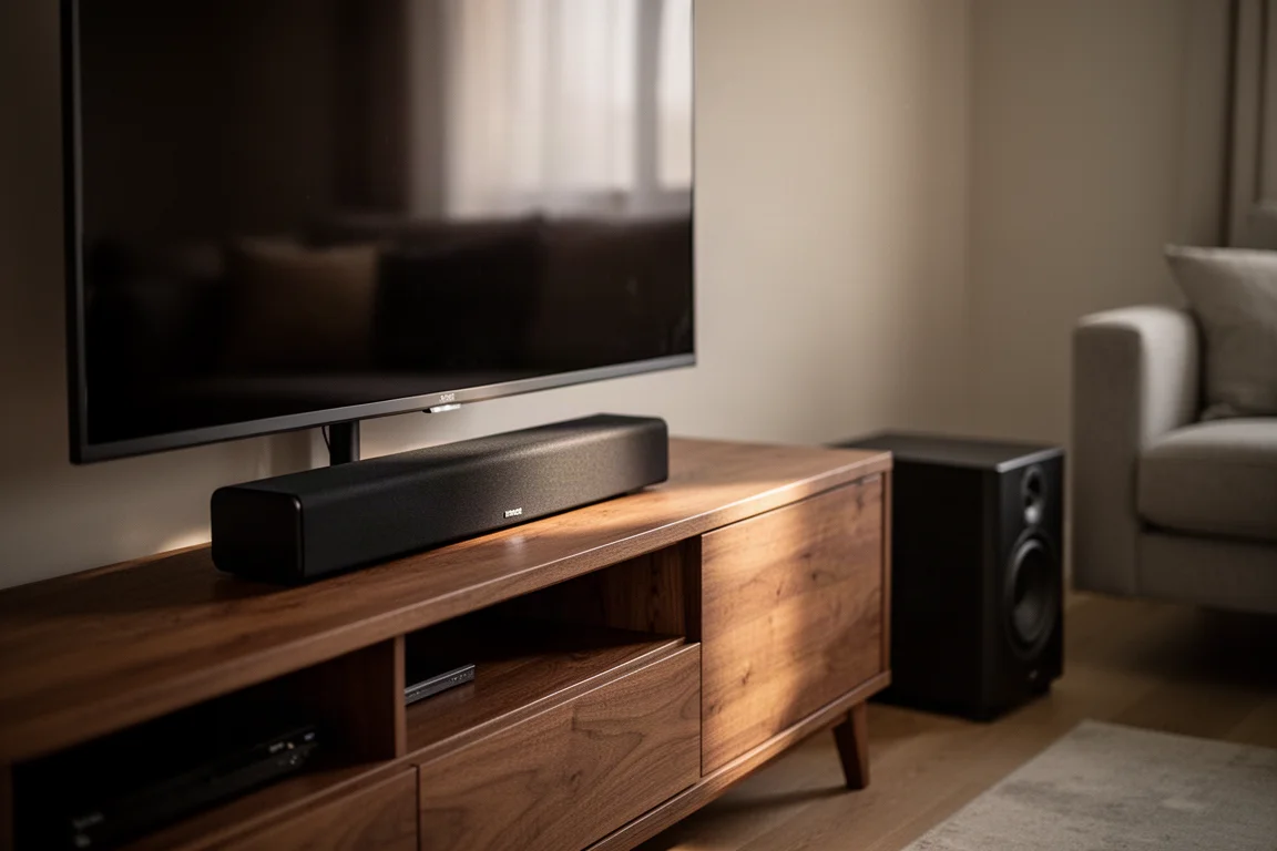 Lågprofilerad centerhögtalare under en TV med en kompakt subwoofer i hörnet