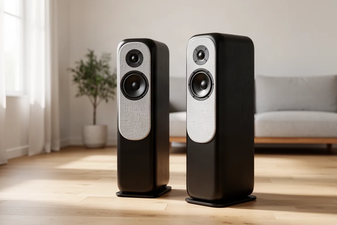 Pair of slim black tower speakers with gray grilles on a light oak floor in a minimal living room