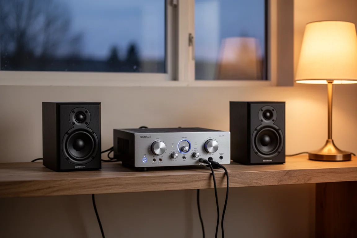Stereo förstärkare och högtalare i ett varmt lyssningsrum på kvällen
