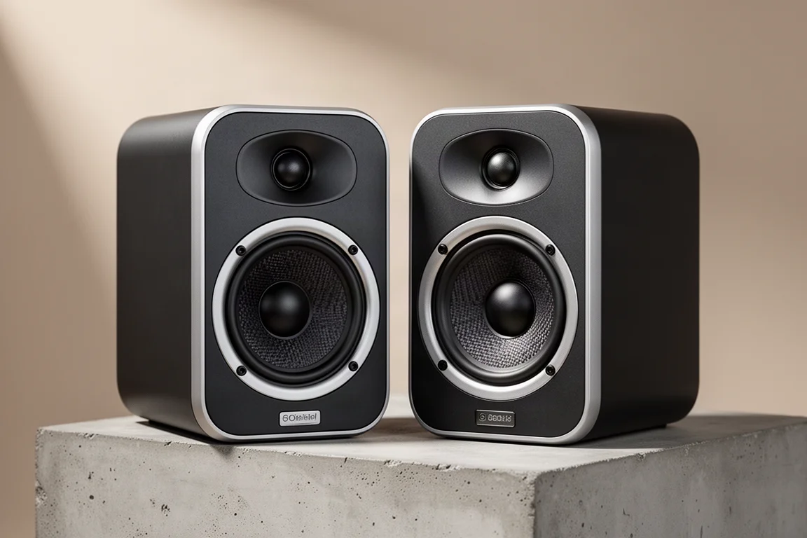Pair of black Polk ES15 bookshelf speakers angled inward on a concrete surface